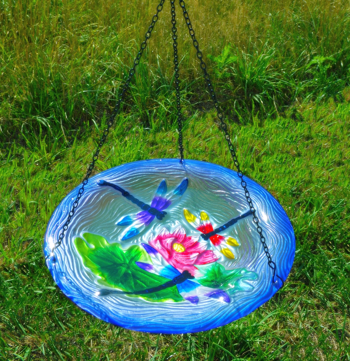 Embossed Dragonfly Trio Glass Hanging Birdbath